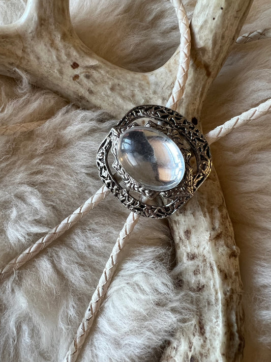 White Leather + Pebble Mirror Bolo Tie