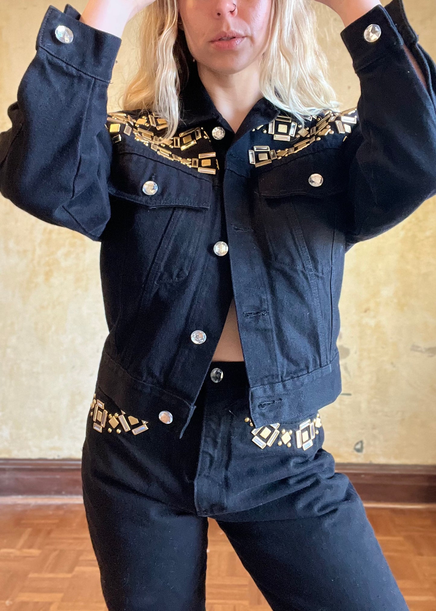 Lew Magram Black Denim Embellished Jacket + Jean Set