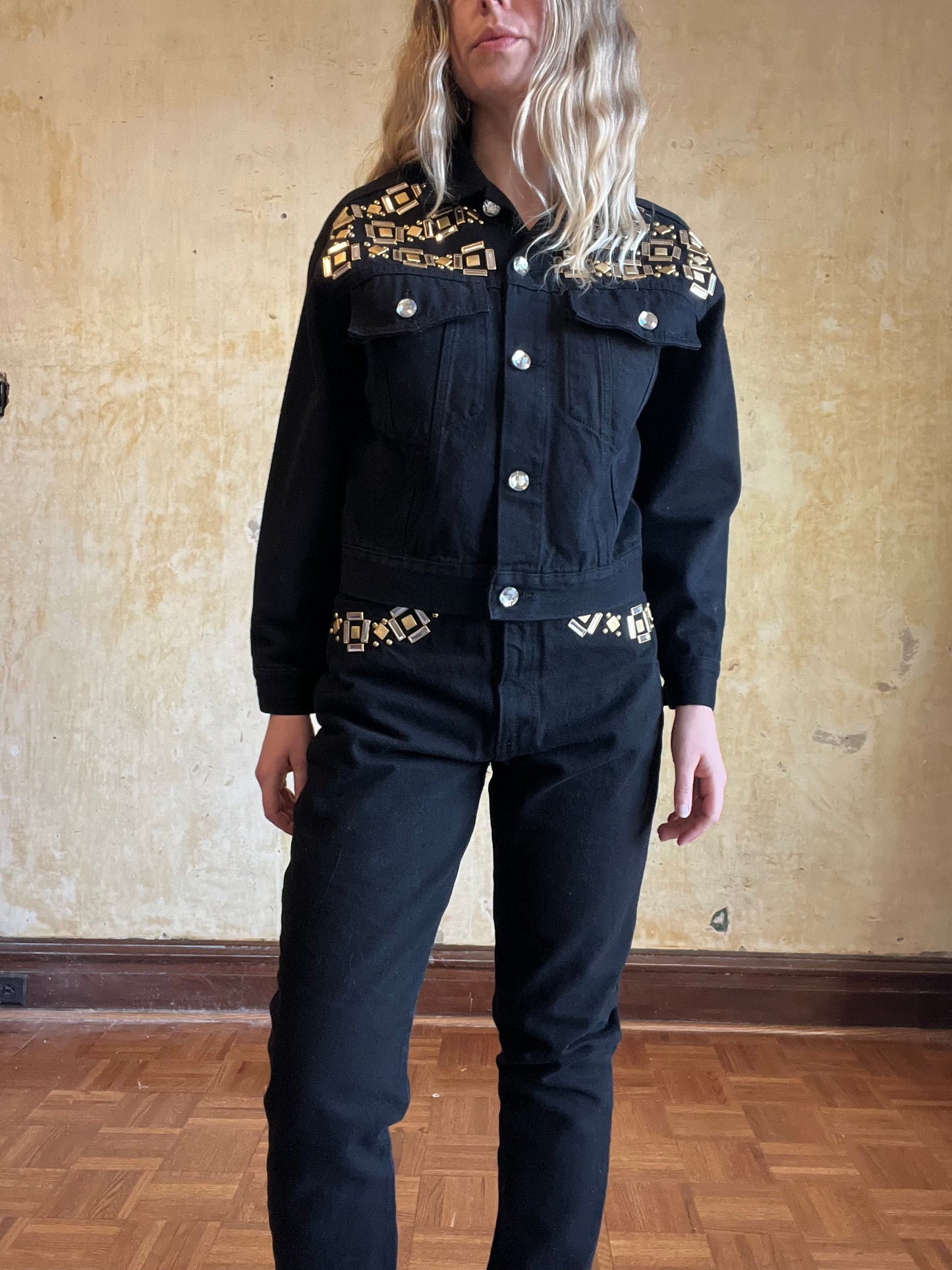 Lew Magram Black Denim Embellished Jacket + Jean Set