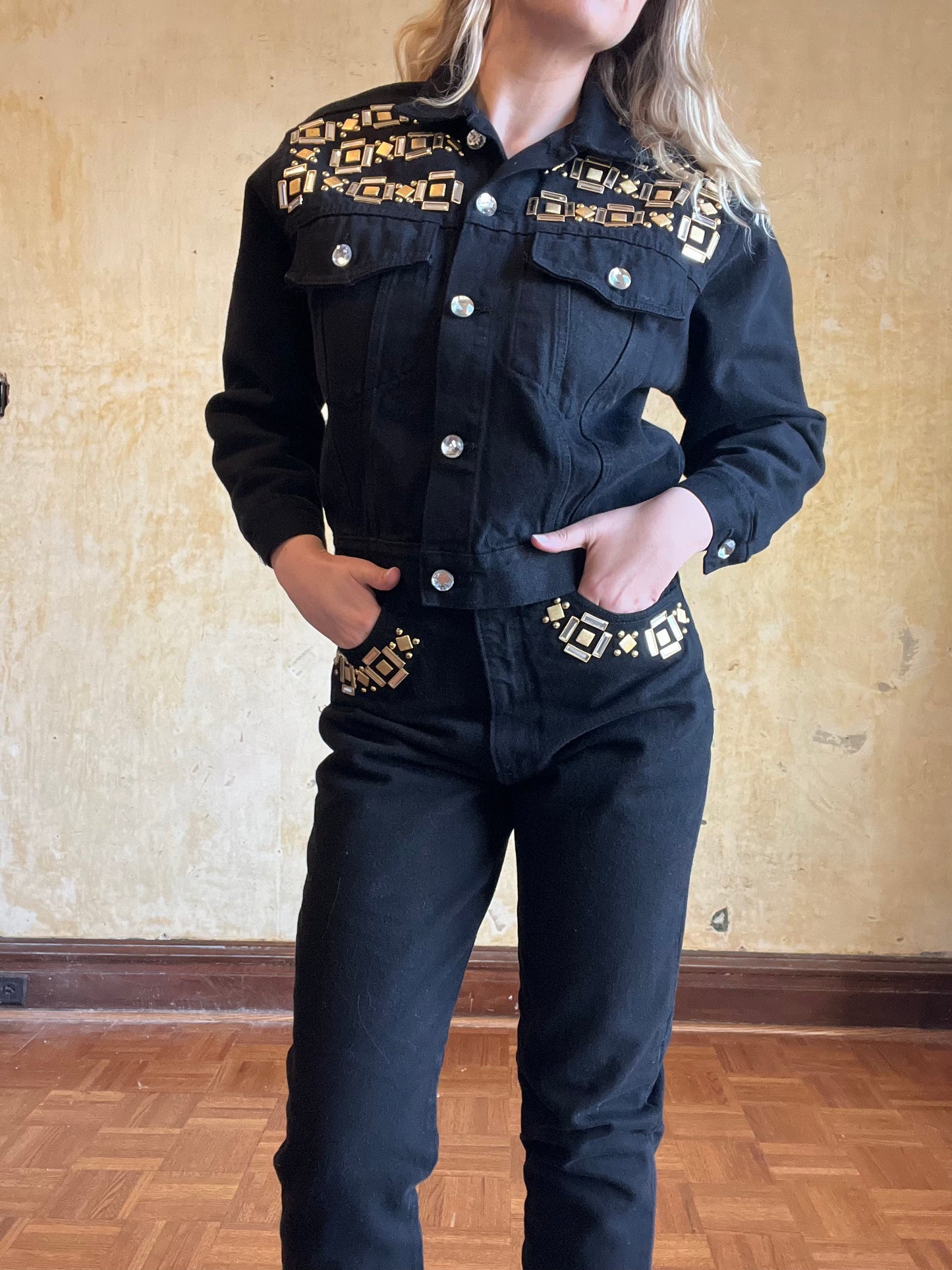 Lew Magram Black Denim Embellished Jacket + Jean Set