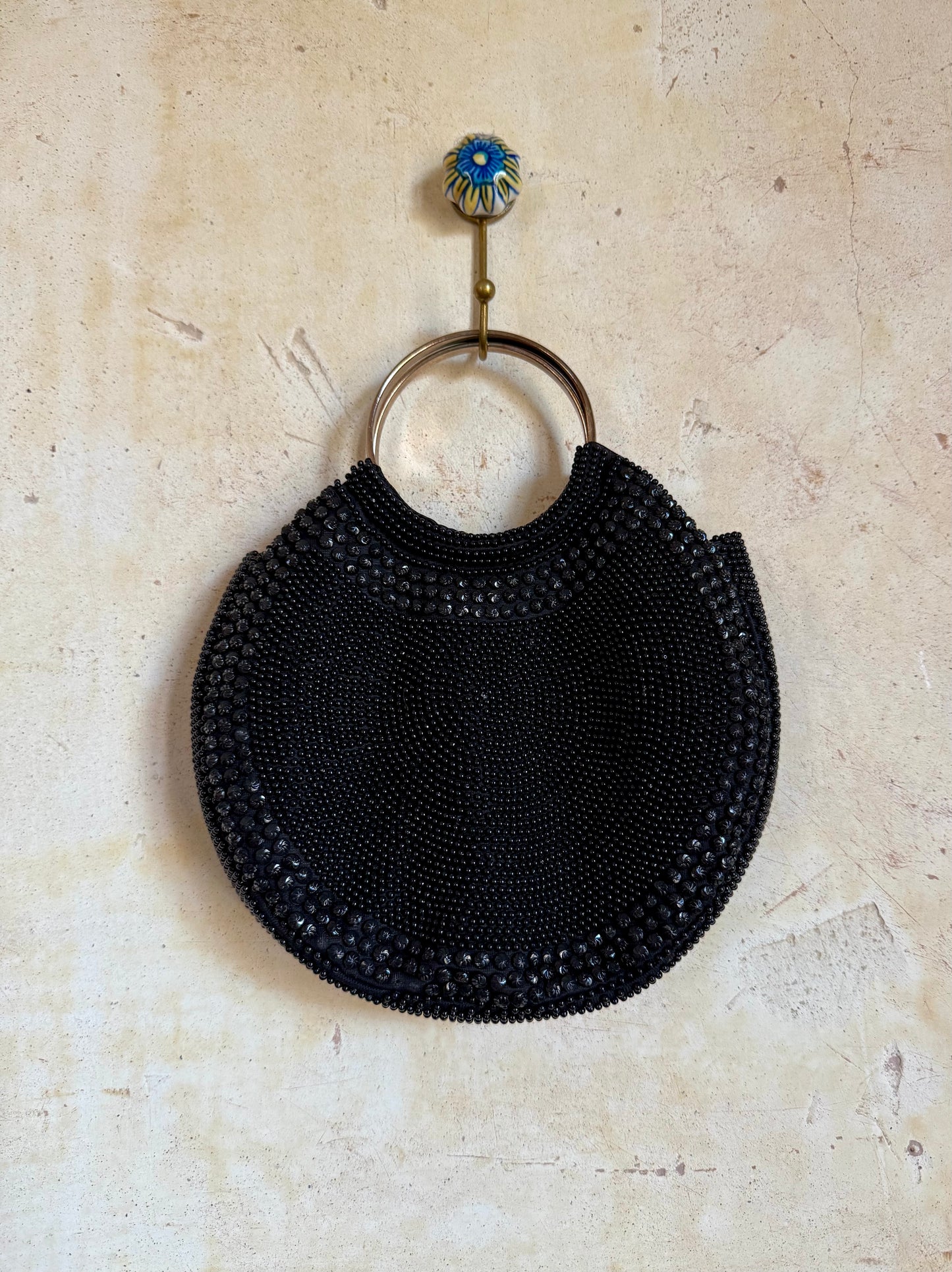 60s Black Beaded Round Evening Bag