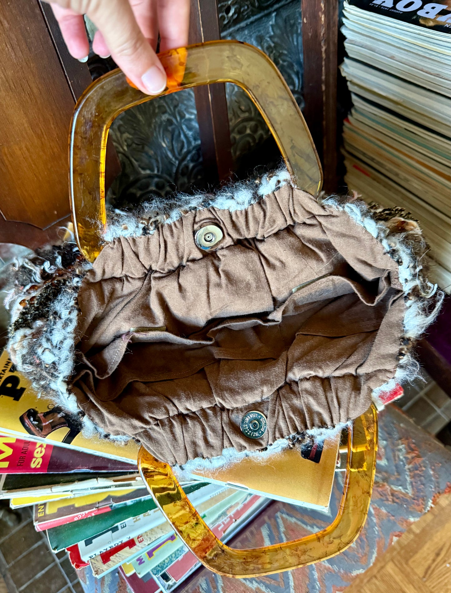 70s Plastic Handle + Knit Handbag