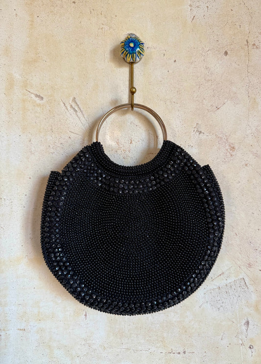 60s Black Beaded Round Evening Bag