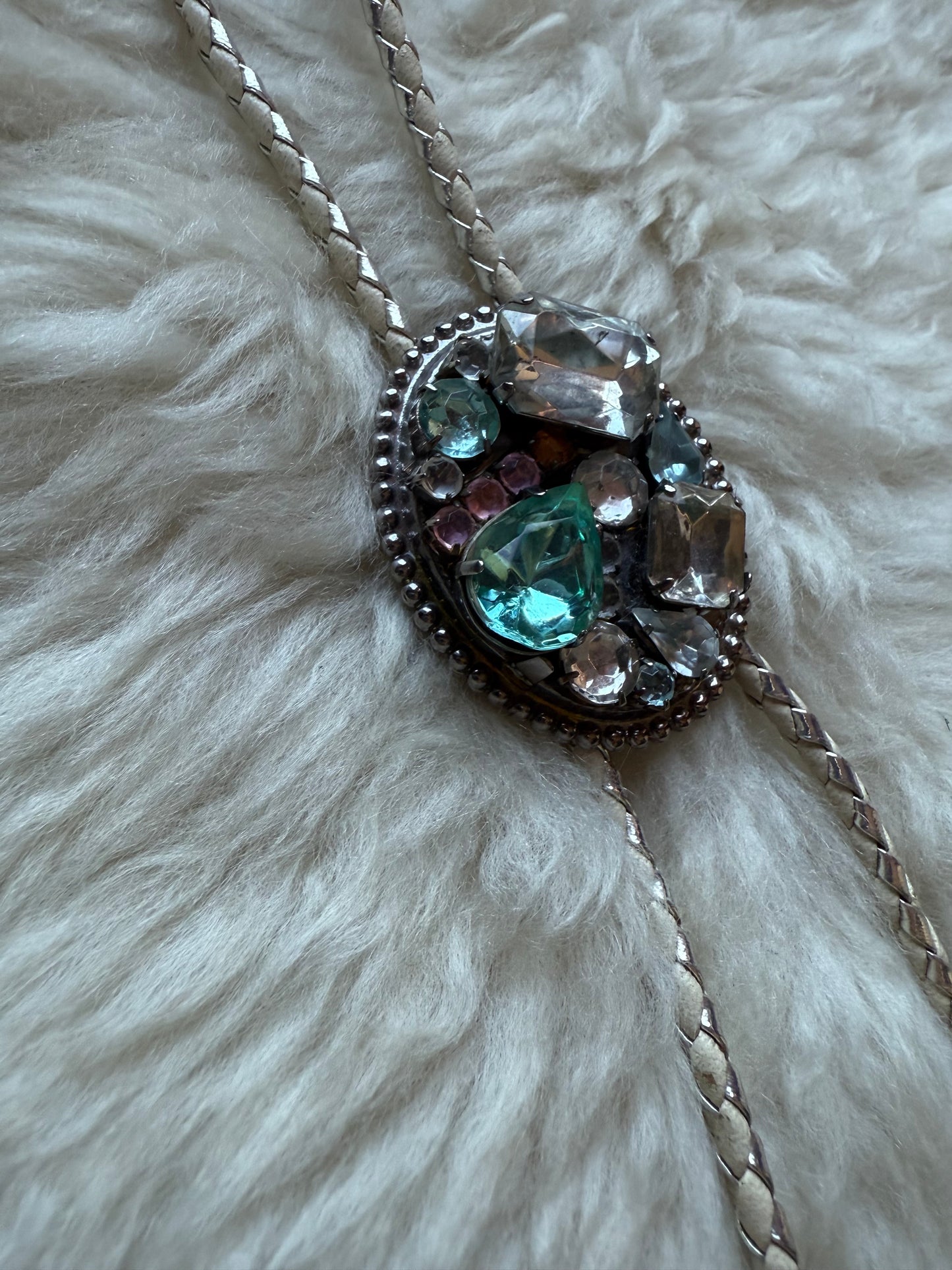White + Silver Bejewelled Bolo Tie