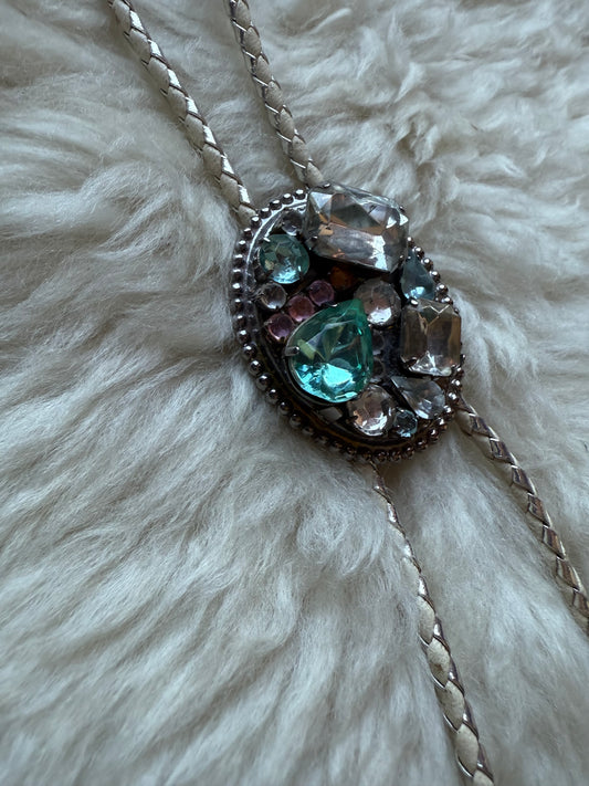 White + Silver Bejewelled Bolo Tie