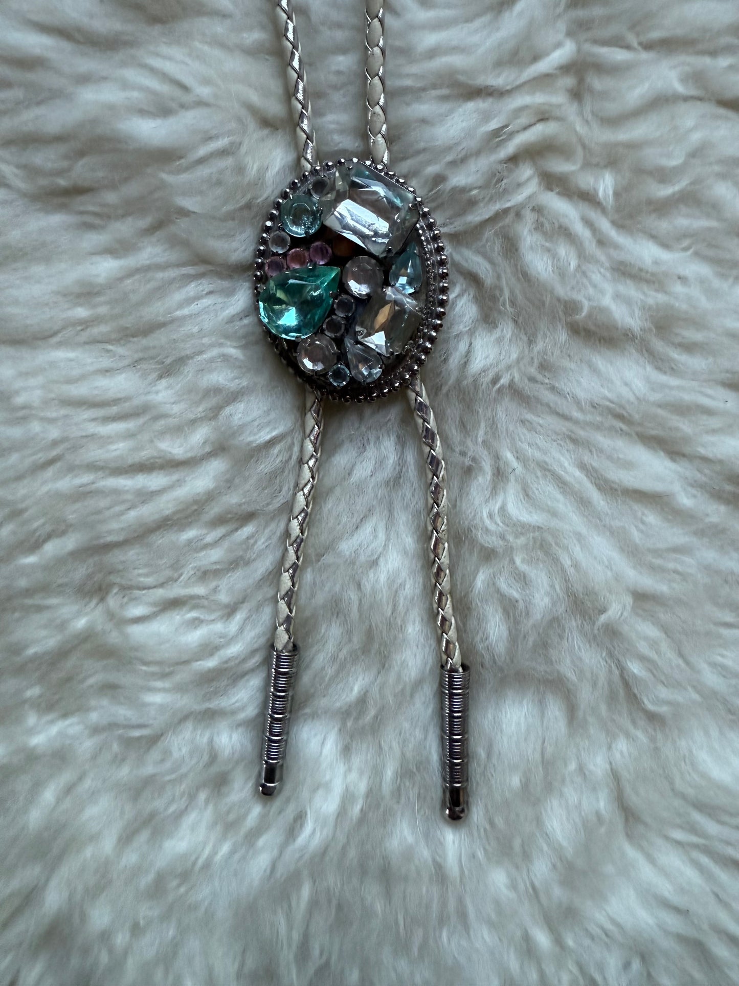 White + Silver Bejewelled Bolo Tie