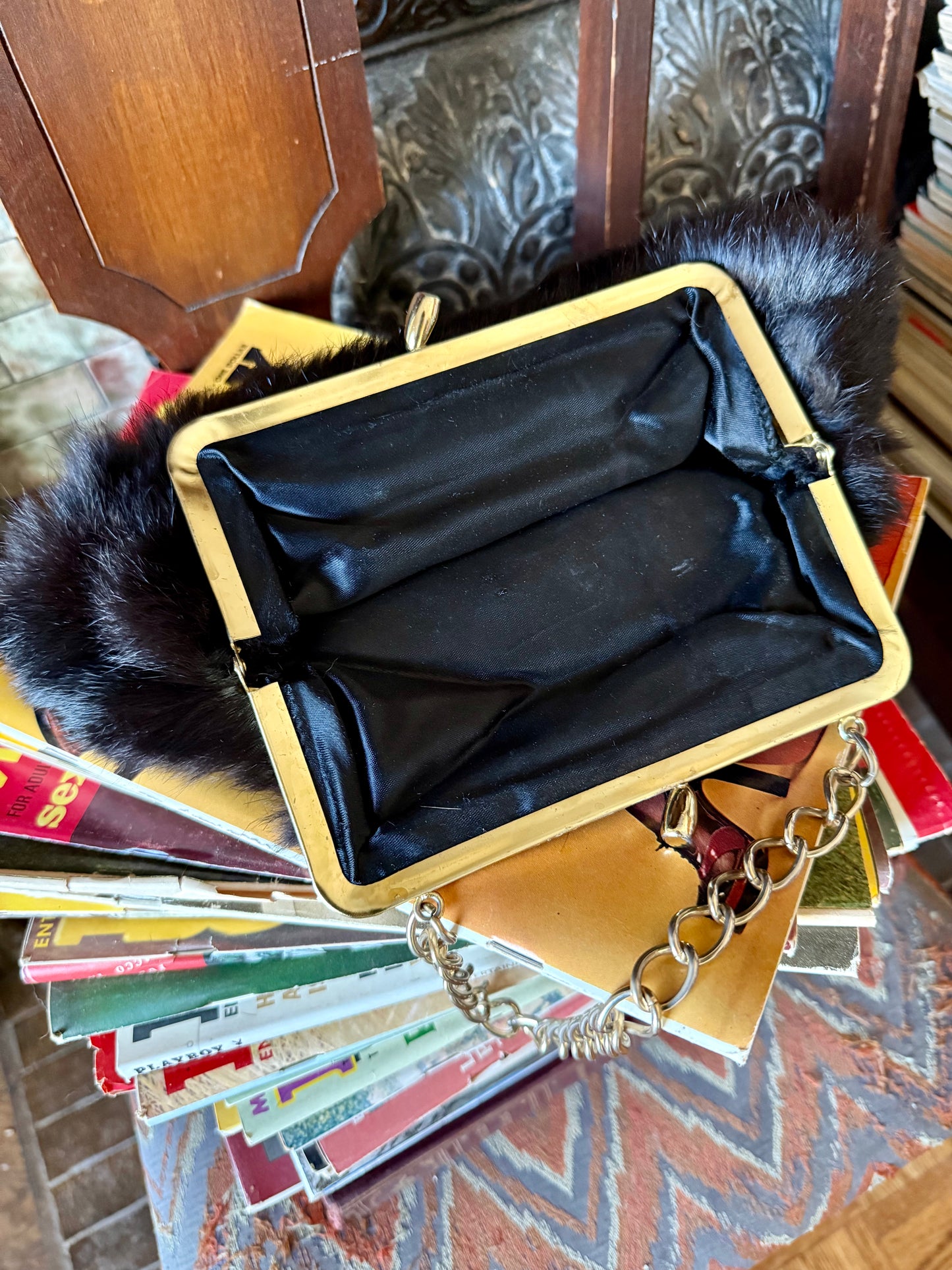 60s Black Rabbit Fur Clutch