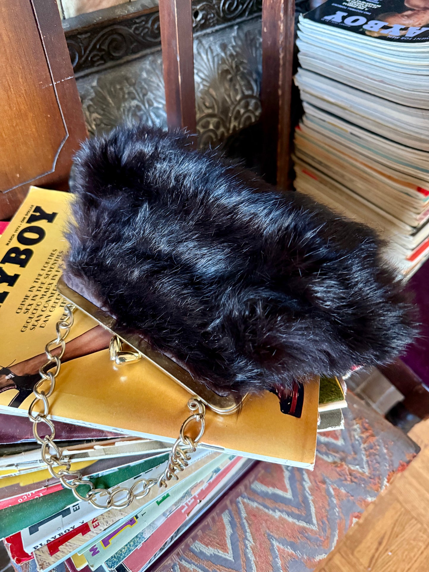 60s Black Rabbit Fur Clutch