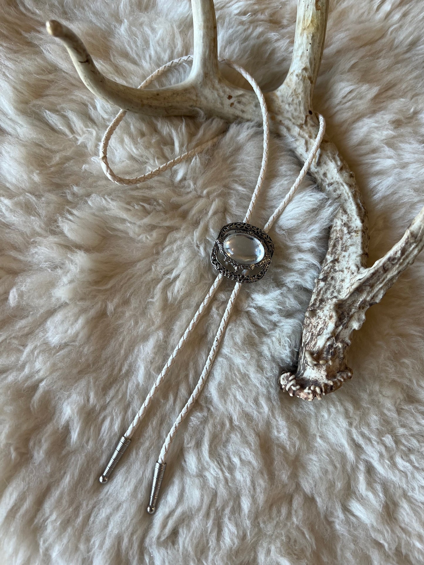 White Leather + Pebble Mirror Bolo Tie