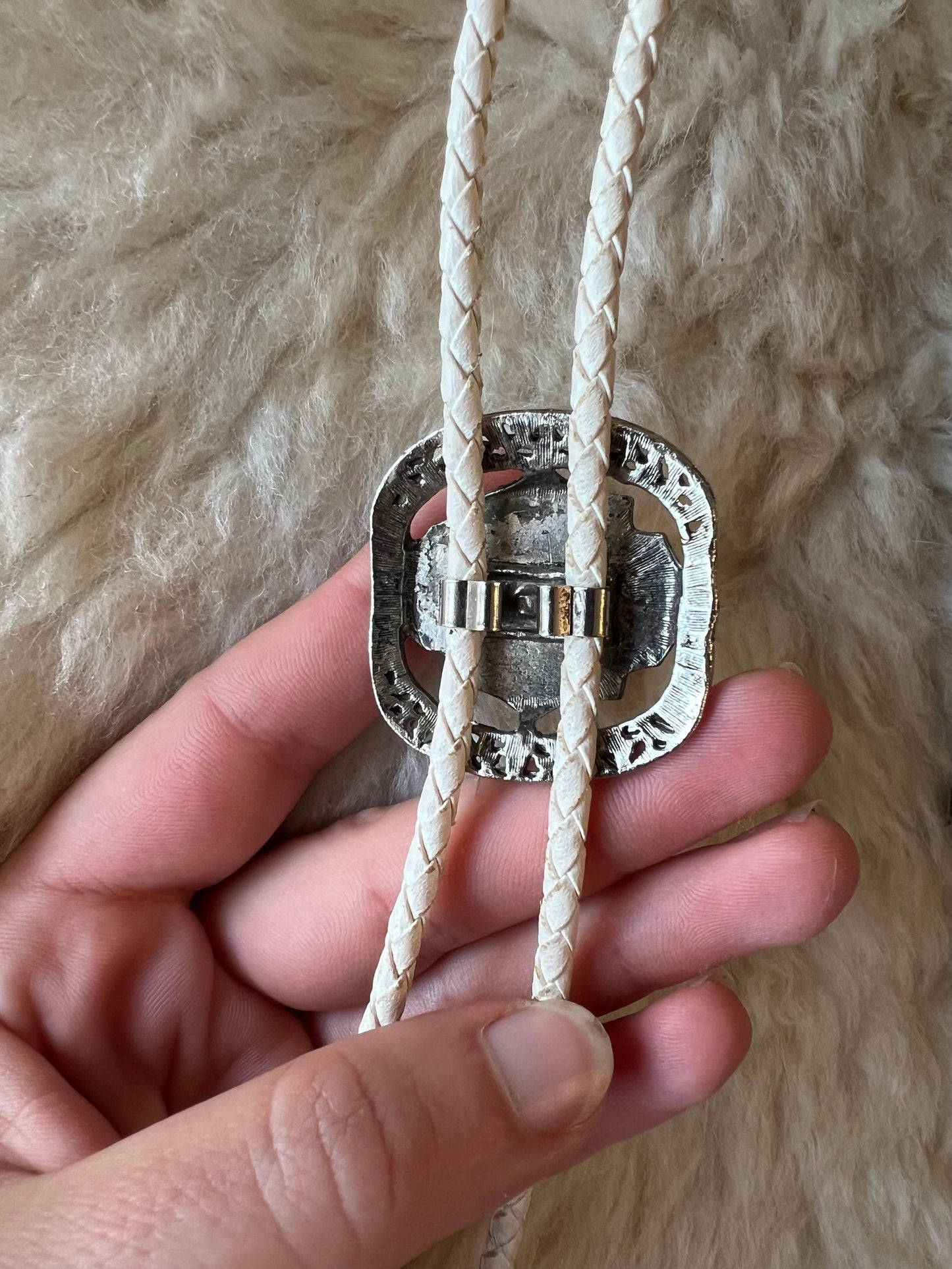 White Leather + Pebble Mirror Bolo Tie