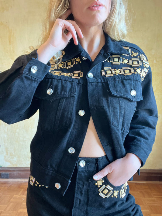 Lew Magram Black Denim Embellished Jacket + Jean Set
